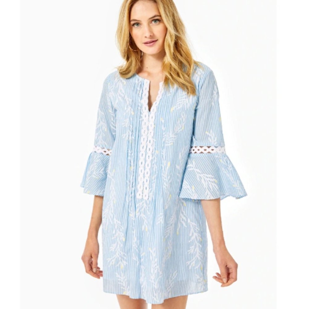 Lilly Pulitzer Hollie Tunie Dress Small Zanzibar Blue Women Bell Sleeves